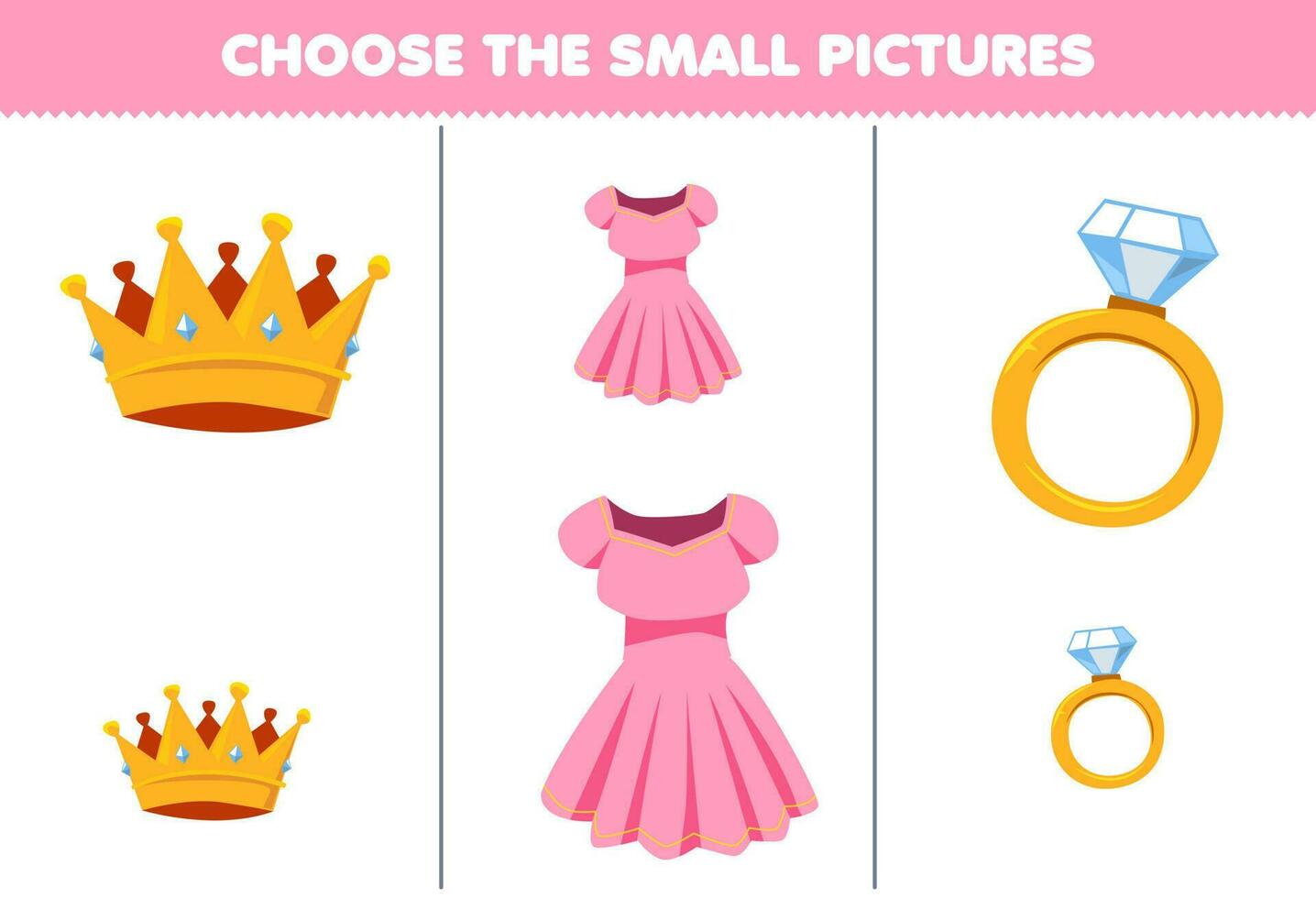 Education game for children choose the small picture of cute cartoon crown dress ring printable wearable clothes worksheet vector