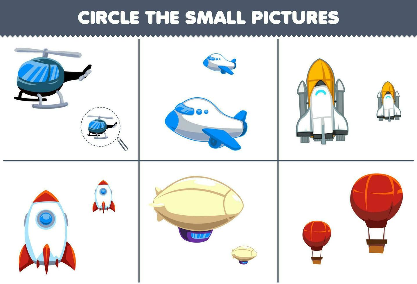 Education game for children circle the small picture of cute cartoon helicopter plane spaceship rocket zeppelin balloon printable transportation worksheet vector