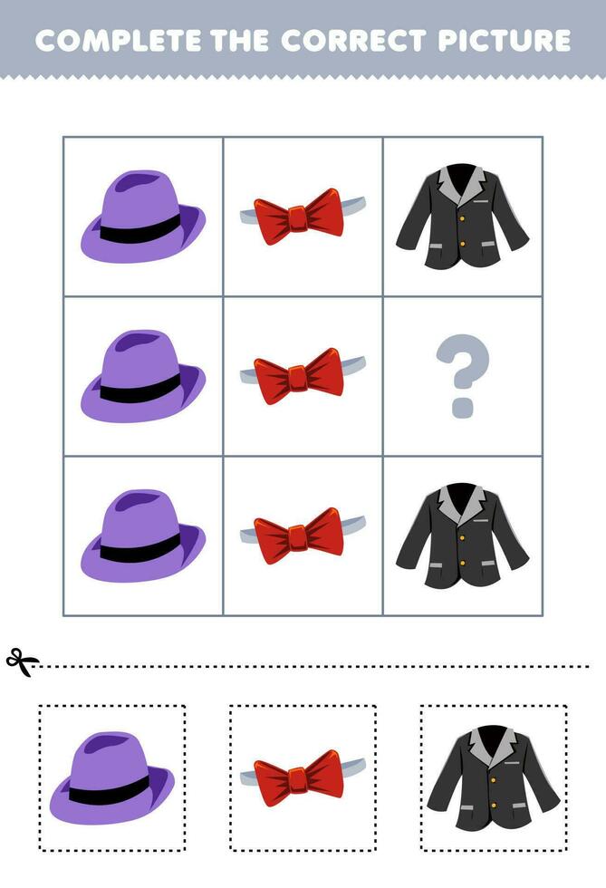 Education game for children to choose and complete the correct picture of a cute cartoon fedora hat tie bow or blazer printable wearable worksheet vector