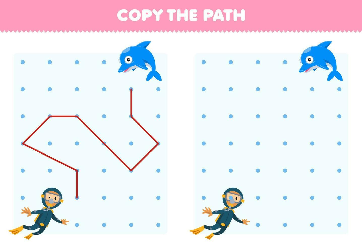 Education game for children copy the path help diver move to the dolphin printable underwater worksheet vector