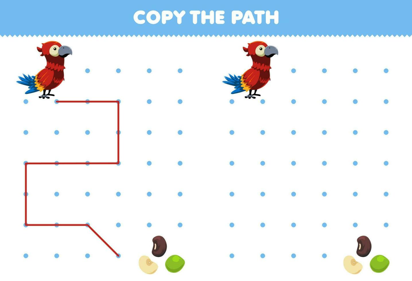 Education game for children copy the path help parrot move to the bean printable animal worksheet vector