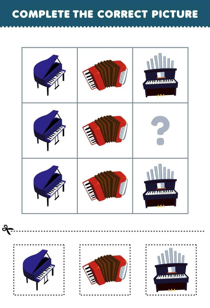 Education game for children to choose and complete the correct picture of a cute cartoon organ piano or accordion printable music worksheet vector