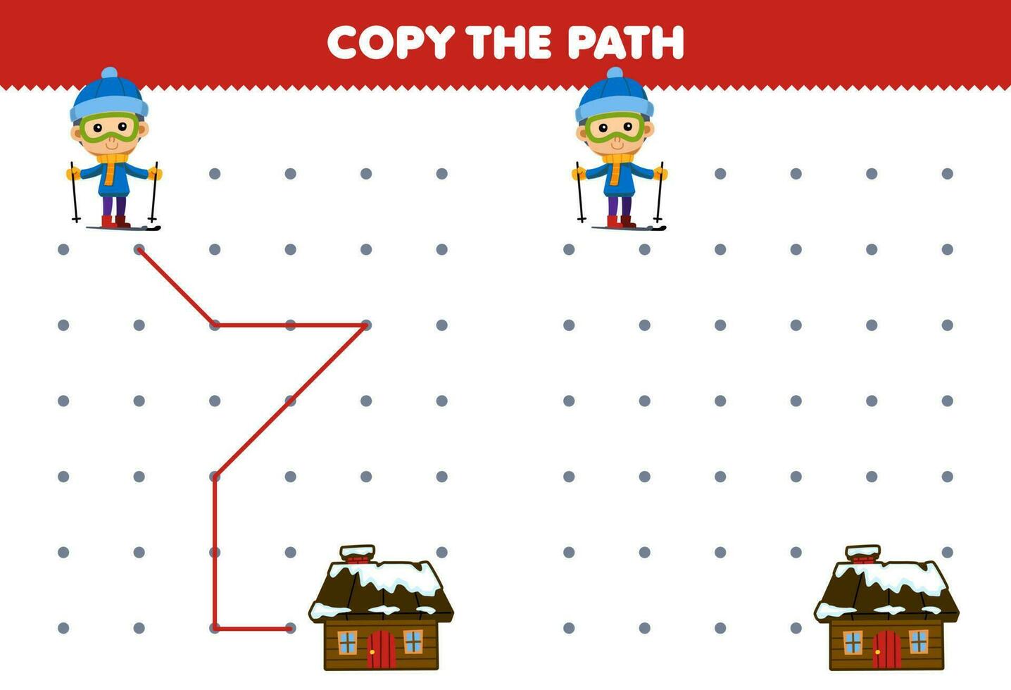 Education game for children copy the path help boy playing ski move to the house printable winter worksheet vector