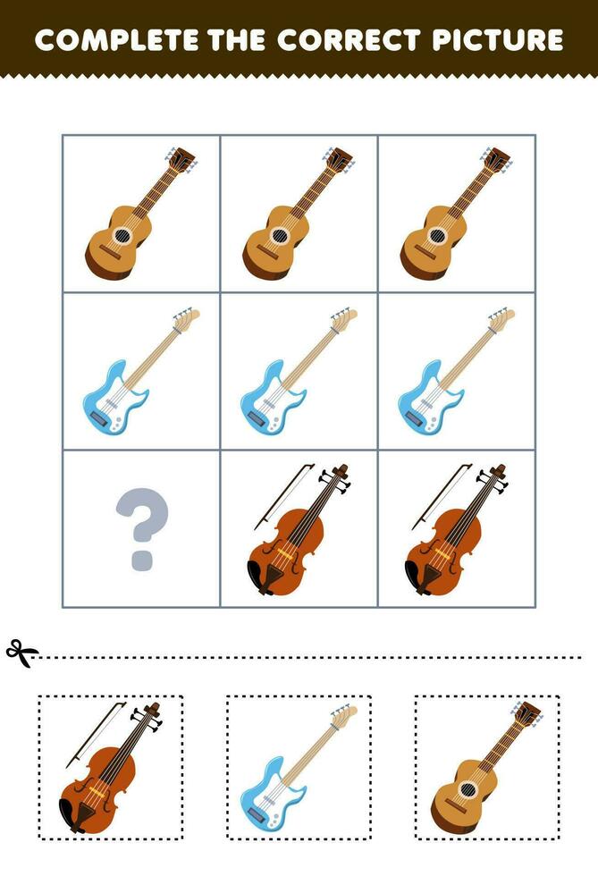 Education game for children to choose and complete the correct picture of a cute cartoon guitar or violin printable music worksheet vector