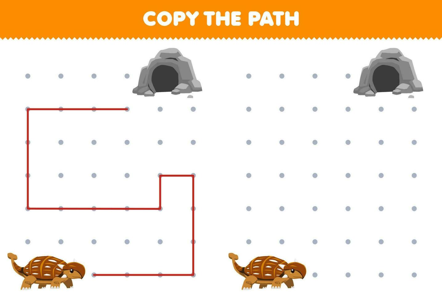 Education game for children copy the path help ankylosaurus move to the cave printable prehistoric dinosaur worksheet vector