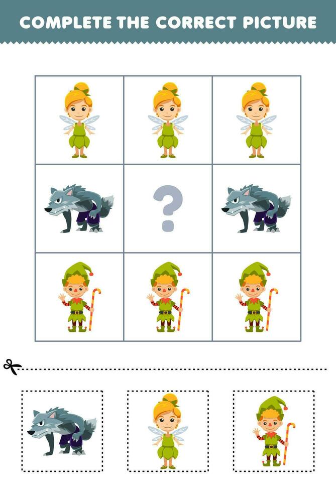 Education game for children to choose and complete the correct picture of a cute cartoon werewolf fairy or dwarf printable halloween worksheet vector