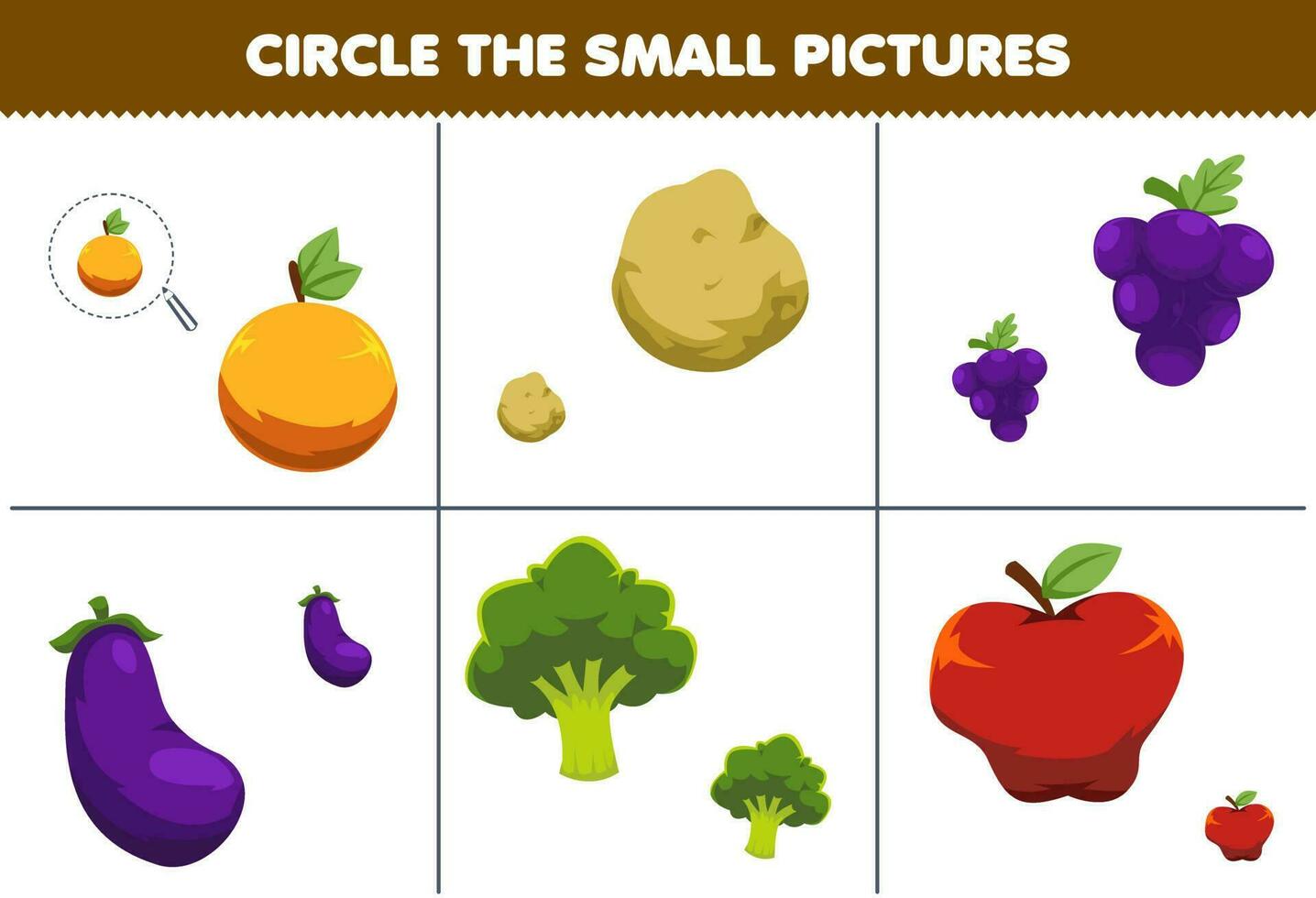 Education game for children circle the small picture of cute cartoon orange potato grape eggplant broccoli apple printable worksheet vector