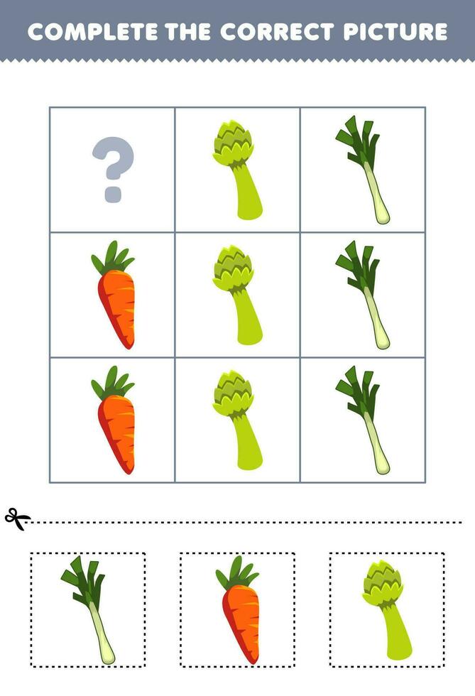 educación juego para niños a escoger y completar el correcto imagen de un linda dibujos animados Puerro Zanahoria o espárragos imprimible vegetal hoja de cálculo vector