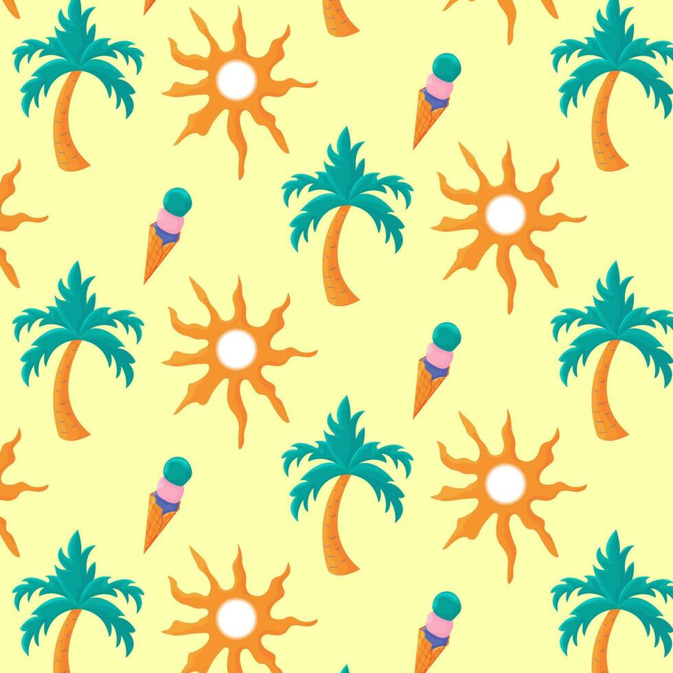 Colorful seamless summer pattern with sun, palm tree, icecream cone vector