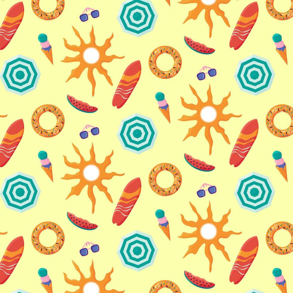 Colorful seamless summer pattern with umbrella, donut rubber ring, sunglasses, icecream cone, surfboard, watermelon slice vector