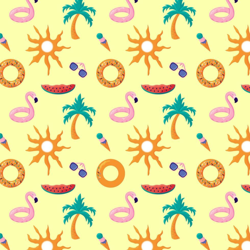 Colorful seamless summer pattern with palm tree, flamingo and donut rubber ring, icecream cone, sunglasses, umbrella, watermelon vector