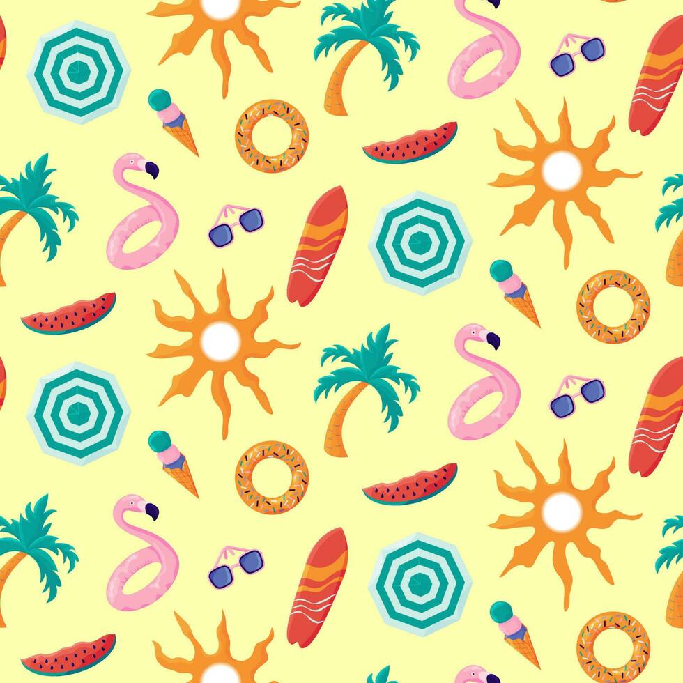 Colorful seamless summer pattern with palm tree, flamingo and donut rubber ring, icecream cone, sunglasses, umbrella, watermelon vector
