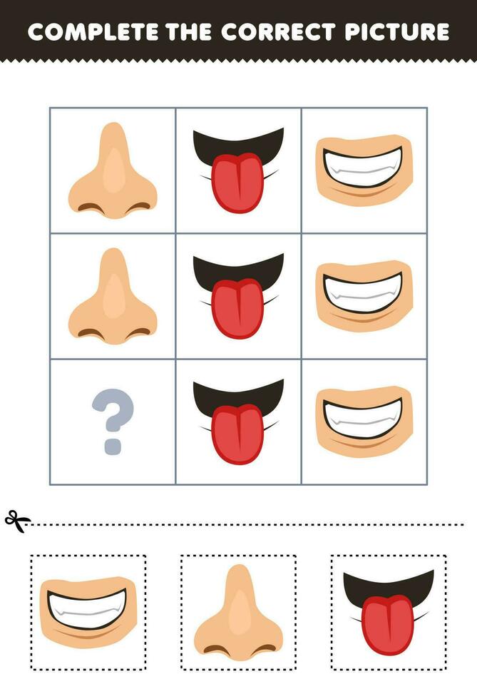 educación juego para niños a escoger y completar el correcto imagen de un linda dibujos animados dientes nariz o lengua imprimible anatomía hoja de cálculo vector