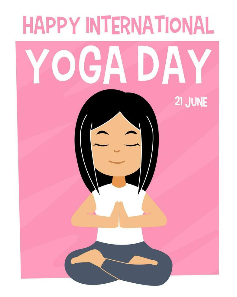 diseño para internacional yoga día con linda dibujos animados negro pelo niña meditando ilustración vector