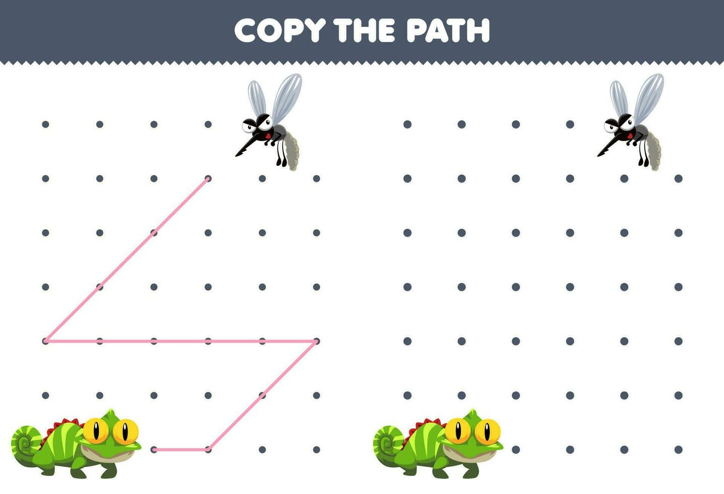 Education game for children copy the path help iguana move to the mosquito printable animal worksheet vector