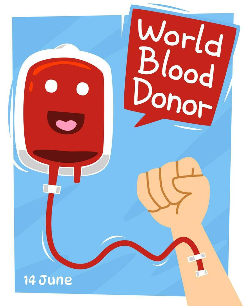 design for world blood donor day with cute cartoon blood bag transfusion vector