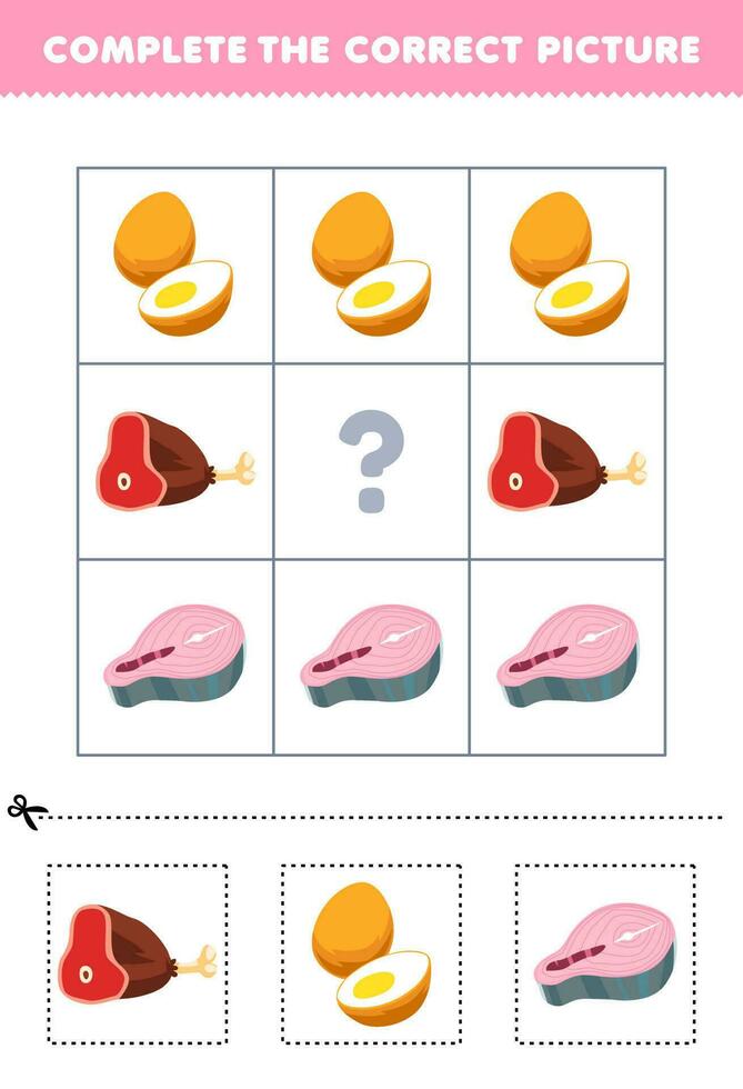 Education game for children to choose and complete the correct picture of a cute cartoon beef egg or salmon printable food worksheet vector