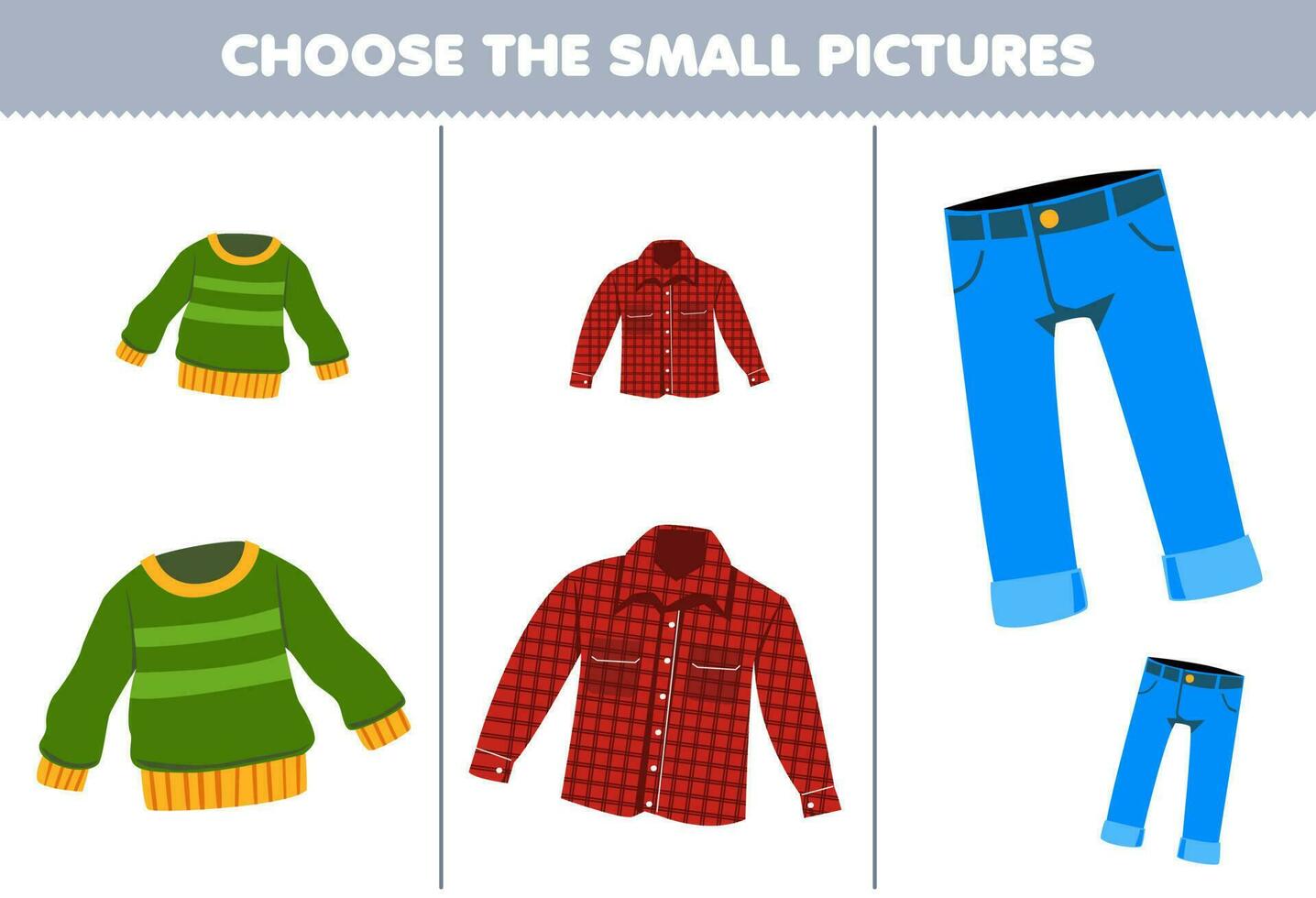 educación juego para niños escoger el pequeño imagen de linda dibujos animados suéter franela vaquero pantalón imprimible usable ropa hoja de cálculo vector