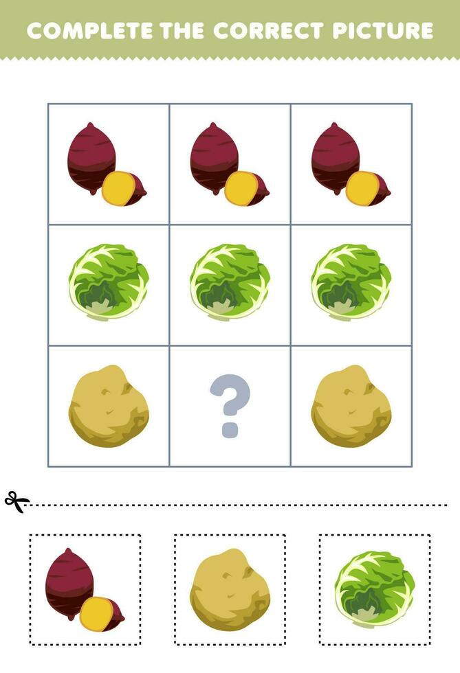 educación juego para niños a escoger y completar el correcto imagen de un linda dibujos animados batata patata o repollo imprimible vegetal hoja de cálculo vector