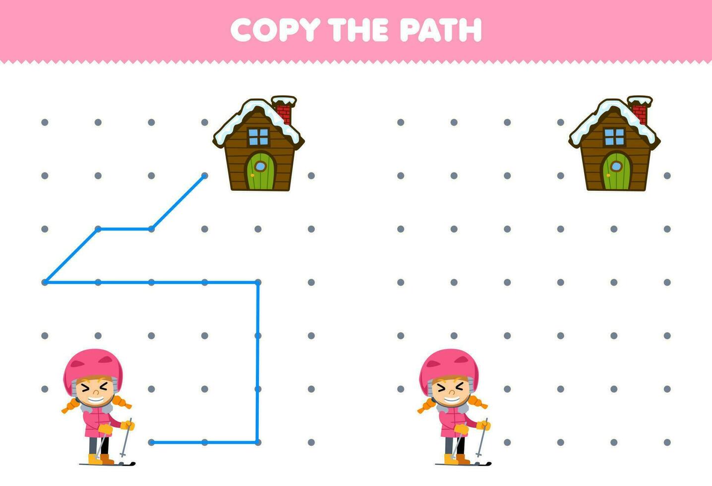 educación juego para niños Copiar el camino ayuda niña jugando esquí moverse a el casa imprimible invierno hoja de cálculo vector