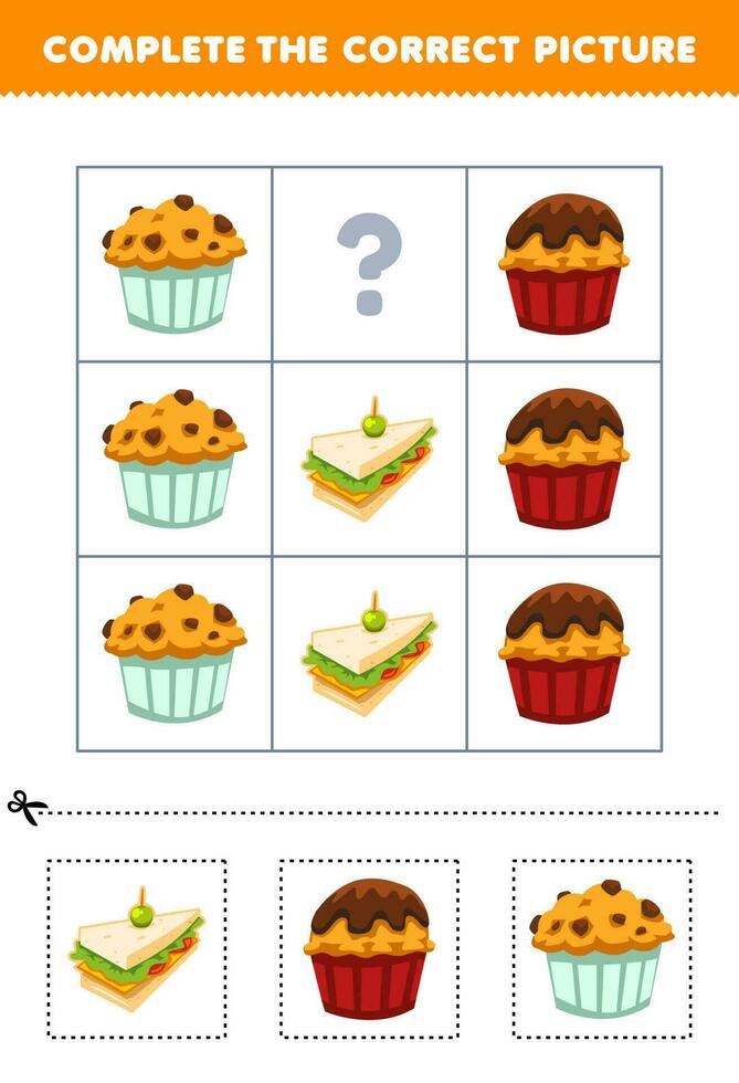 Education game for children to choose and complete the correct picture of a cute cartoon sandwich cupcake or muffin printable food worksheet vector