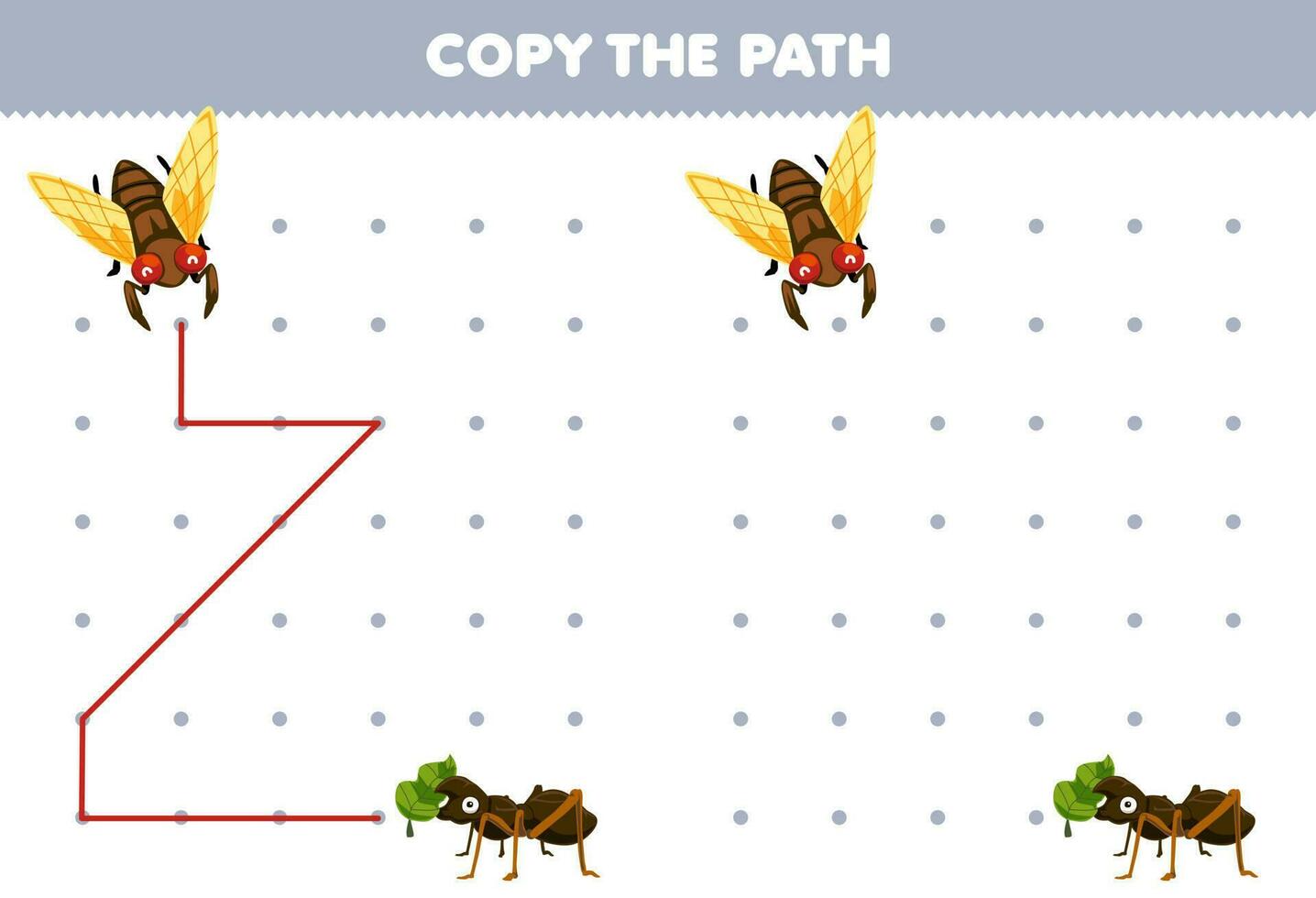 Education game for children copy the path help cicada move to the ant printable bug worksheet vector