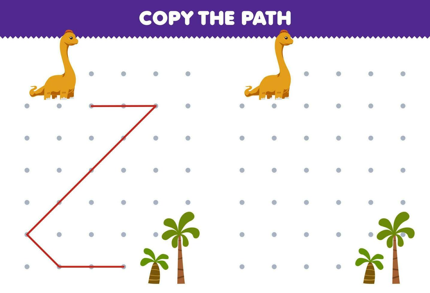 Education game for children copy the path help brontosaurus move to the tree printable prehistoric dinosaur worksheet vector