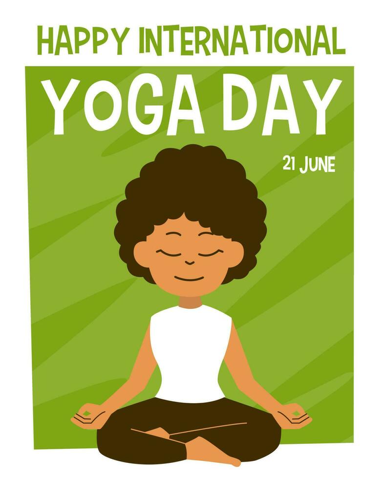 diseño para internacional yoga día con linda dibujos animados afro pelo niña meditando ilustración vector