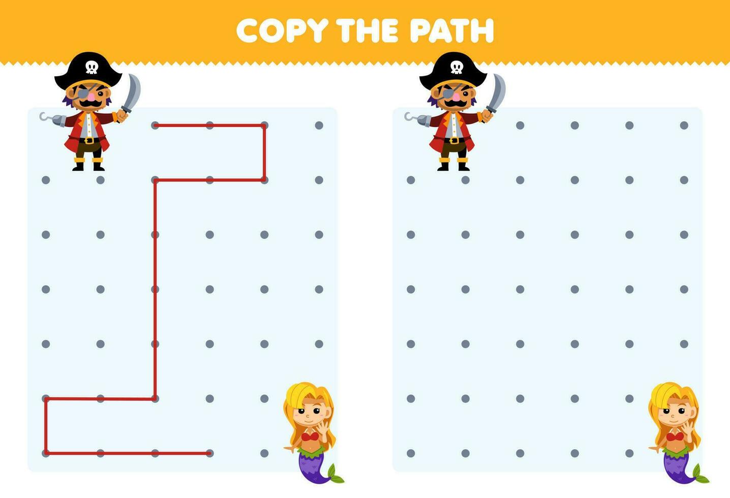 Education game for children copy the path help pirate captain move to the mermaid printable pirate worksheet vector