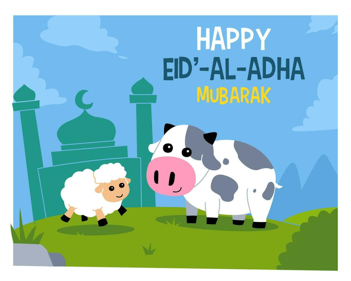 design for eid adha mubarak with cute cartoon sheep and cow illustration vector