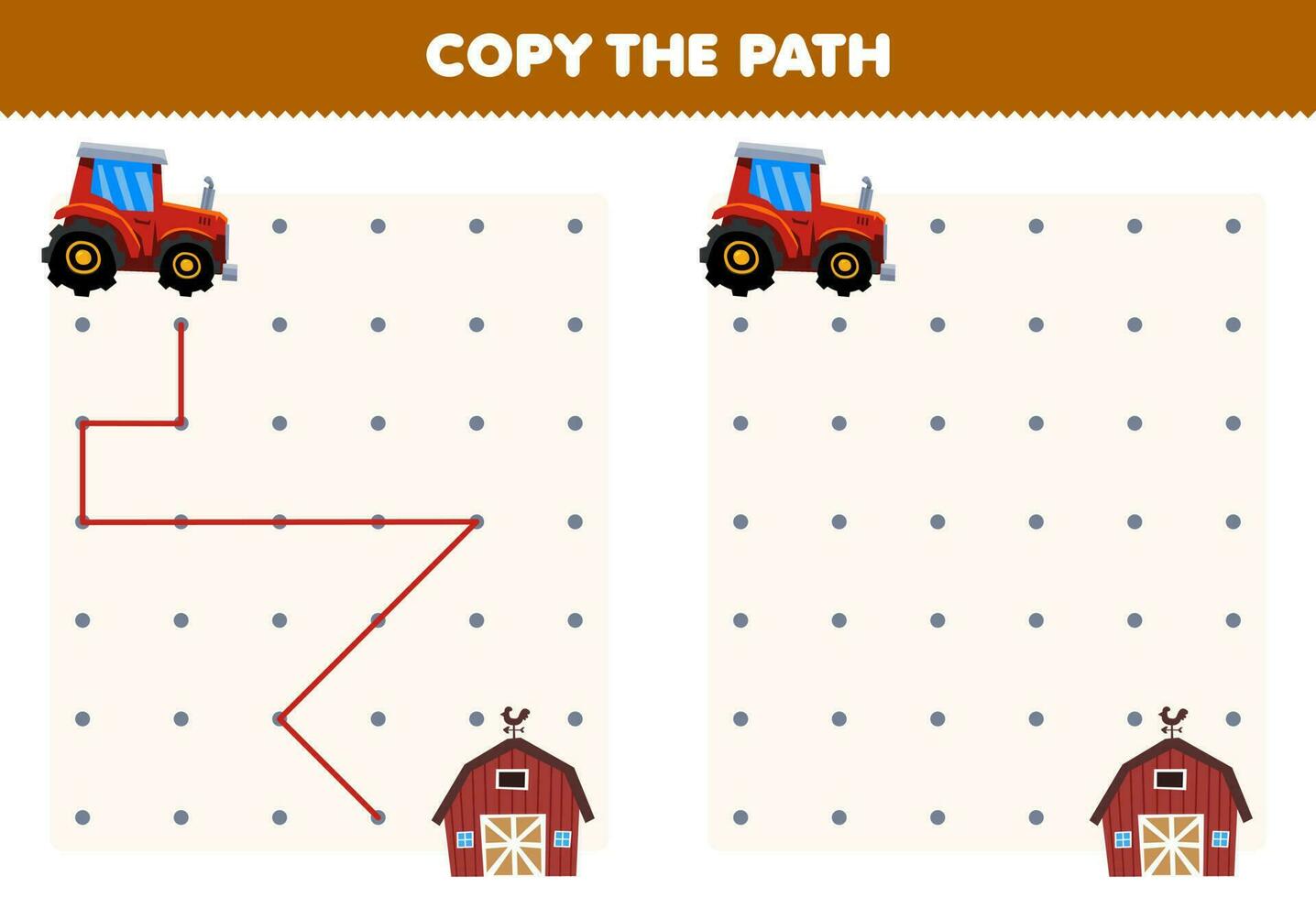 Education game for children copy the path help tractor move to the farm printable transportation worksheet vector