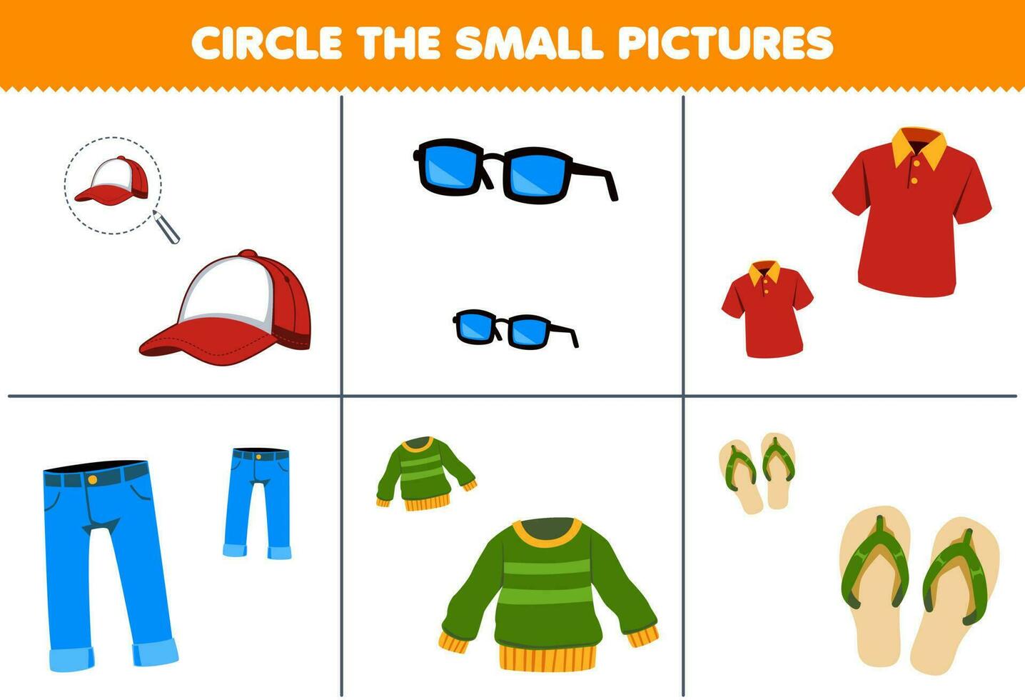 Education game for children choose the small picture of cute cartoon cap glasses polo shirt jean sweater slipper printable wearable worksheet vector