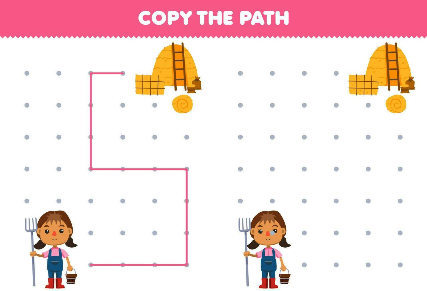 educación juego para niños Copiar el camino ayuda granjero niña moverse a el heno imprimible granja hoja de cálculo vector