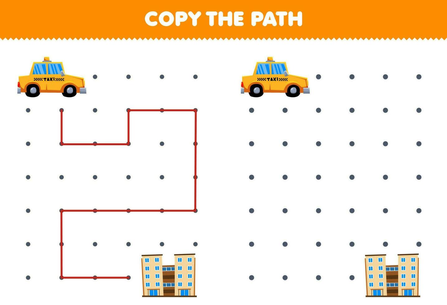 educación juego para niños Copiar el camino ayuda Taxi moverse a el hotel edificio imprimible transporte hoja de cálculo vector