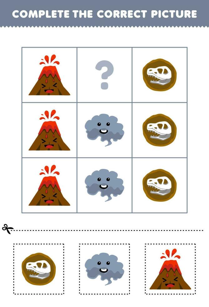 Education game for children to choose and complete the correct picture of a cute cartoon fossil smoke or volcano printable nature worksheet vector