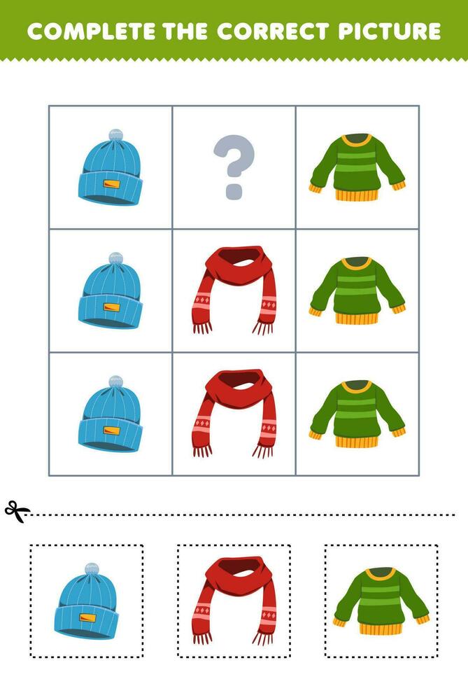 Education game for children to choose and complete the correct picture of a cute cartoon beanie hat scarf or sweater printable wearable worksheet vector