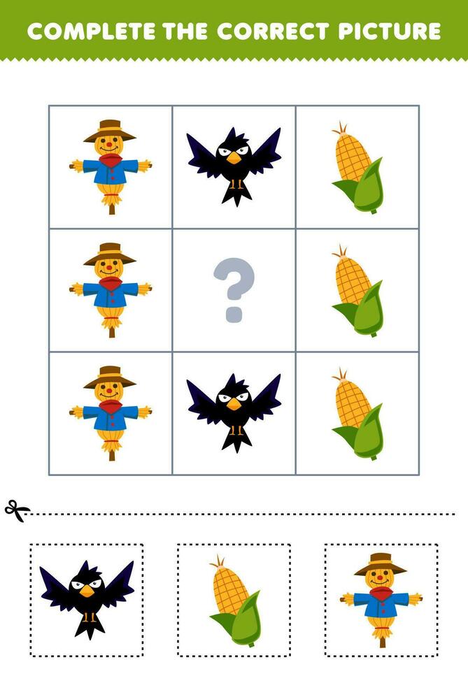 educación juego para niños a escoger y completar el correcto imagen de un linda dibujos animados cuervo maíz o espantapájaros imprimible granja hoja de cálculo vector