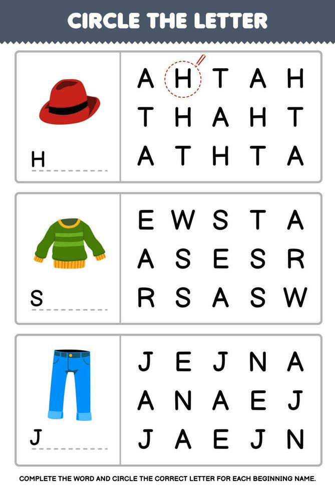 educación juego para niños circulo el comenzando letra desde linda dibujos animados sombrero suéter vaquero imprimible usable ropa hoja de cálculo vector