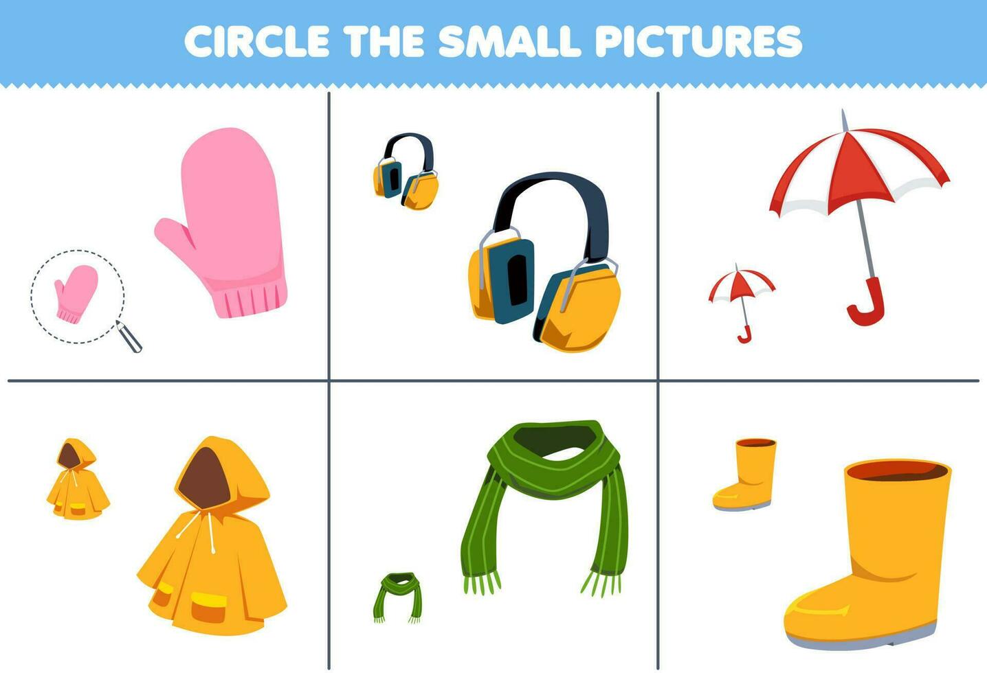 Education game for children choose the small picture of cute cartoon mitten earphone umbrella raincoat scarf boot printable wearable worksheet vector