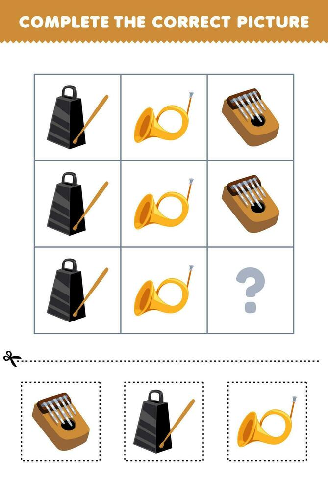 Education game for children to choose and complete the correct picture of a cute cartoon kalimba bell or horn printable music worksheet vector