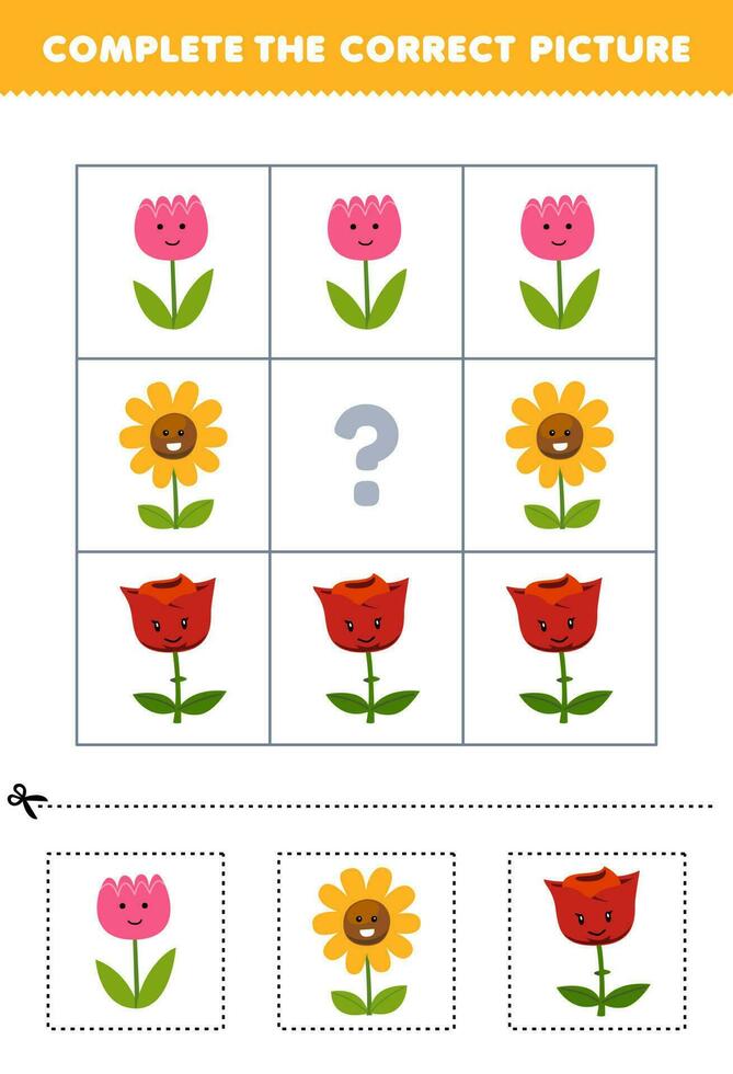 Education game for children to choose and complete the correct picture of a cute cartoon flower printable nature worksheet vector