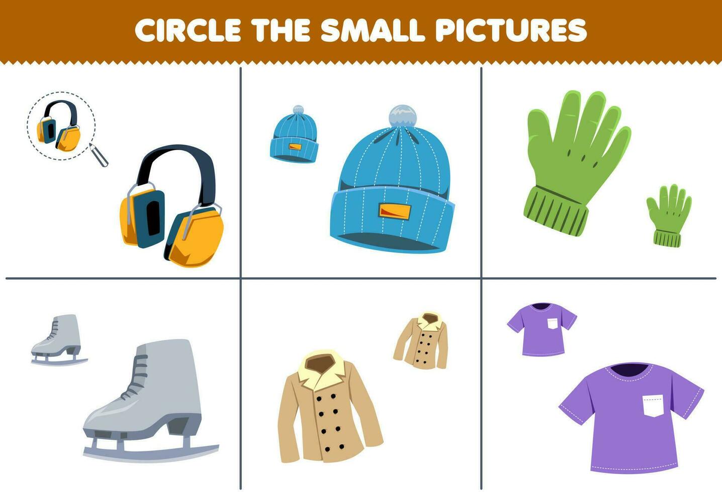 Education game for children choose the small picture of cute cartoon earphone beanie glove ice skater coat shirt printable wearable worksheet vector