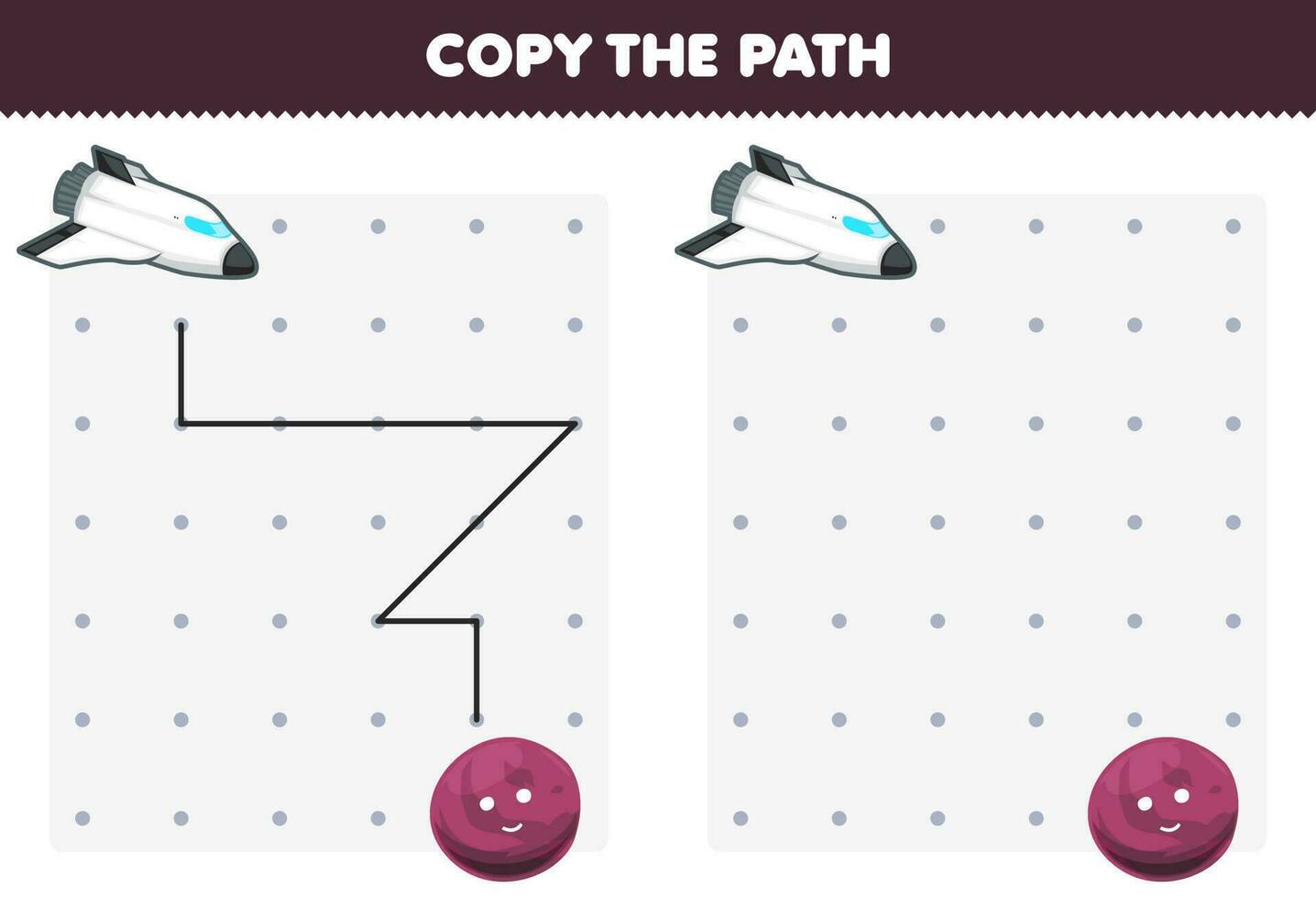 educación juego para niños Copiar el camino ayuda espacio Embarcacion moverse a el púrpura planeta imprimible solar sistema hoja de cálculo vector