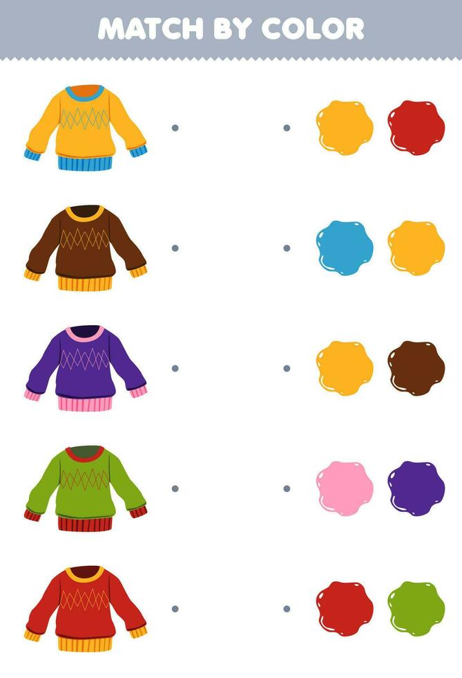 Education game for children match by color of cute cartoon sweater printable wearable clothes worksheet vector