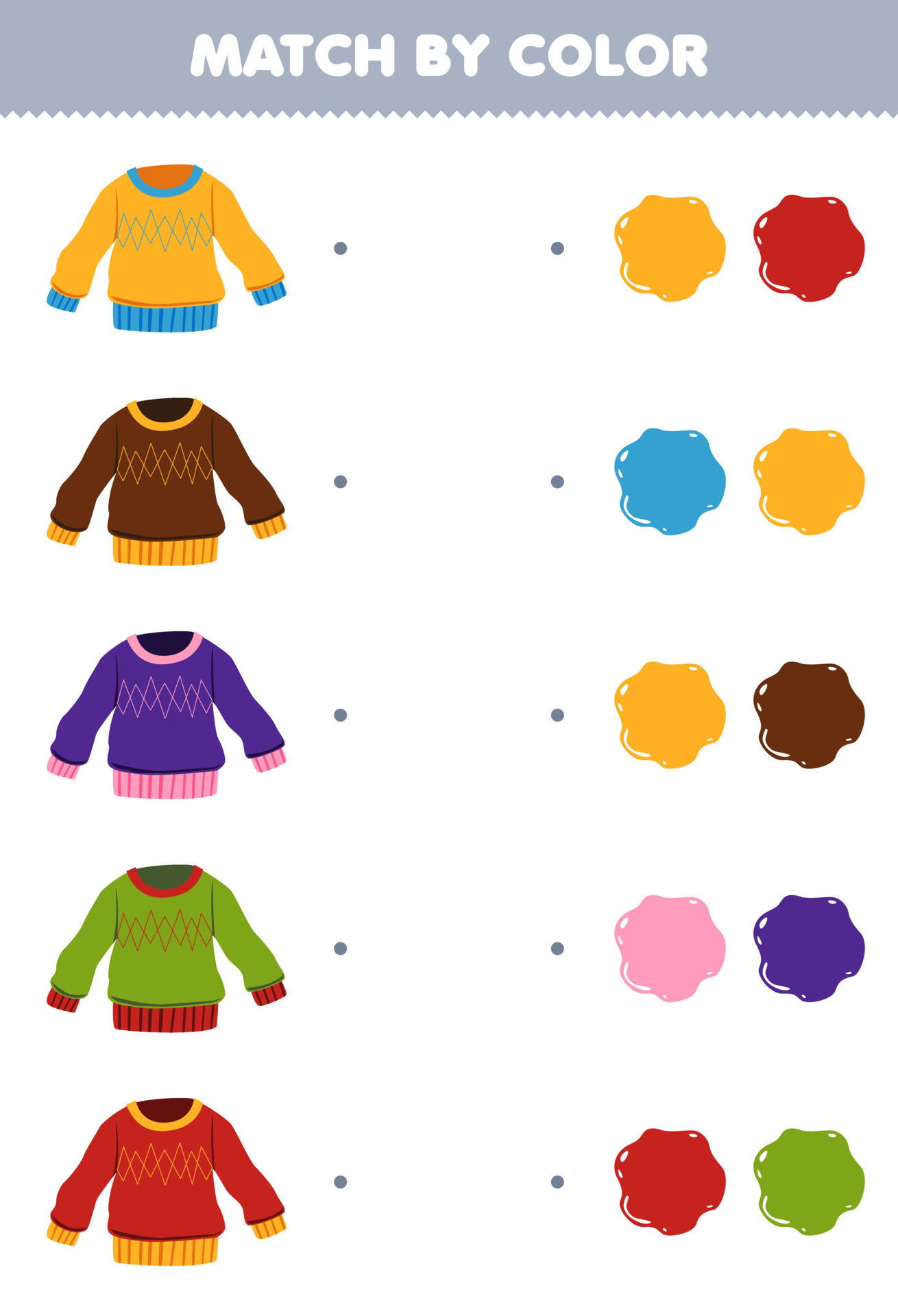 Education game for children match by color of cute cartoon sweater printable wearable clothes