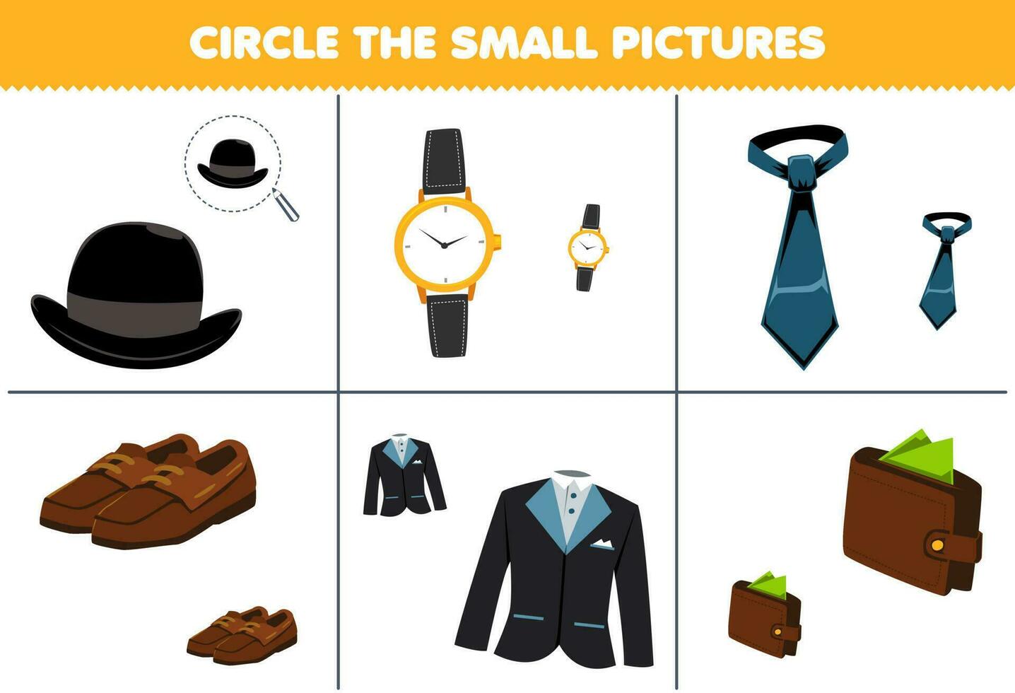 Education game for children choose the small picture of cute cartoon hat watch tie shoes suit wallet printable wearable worksheet vector