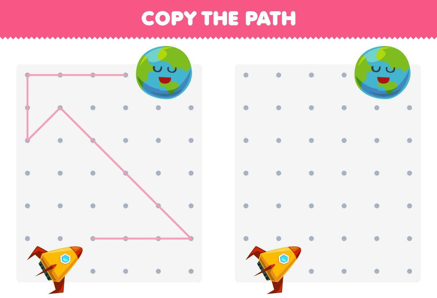 educación juego para niños Copiar el camino ayuda cohete moverse a el tierra planeta imprimible solar sistema hoja de cálculo vector