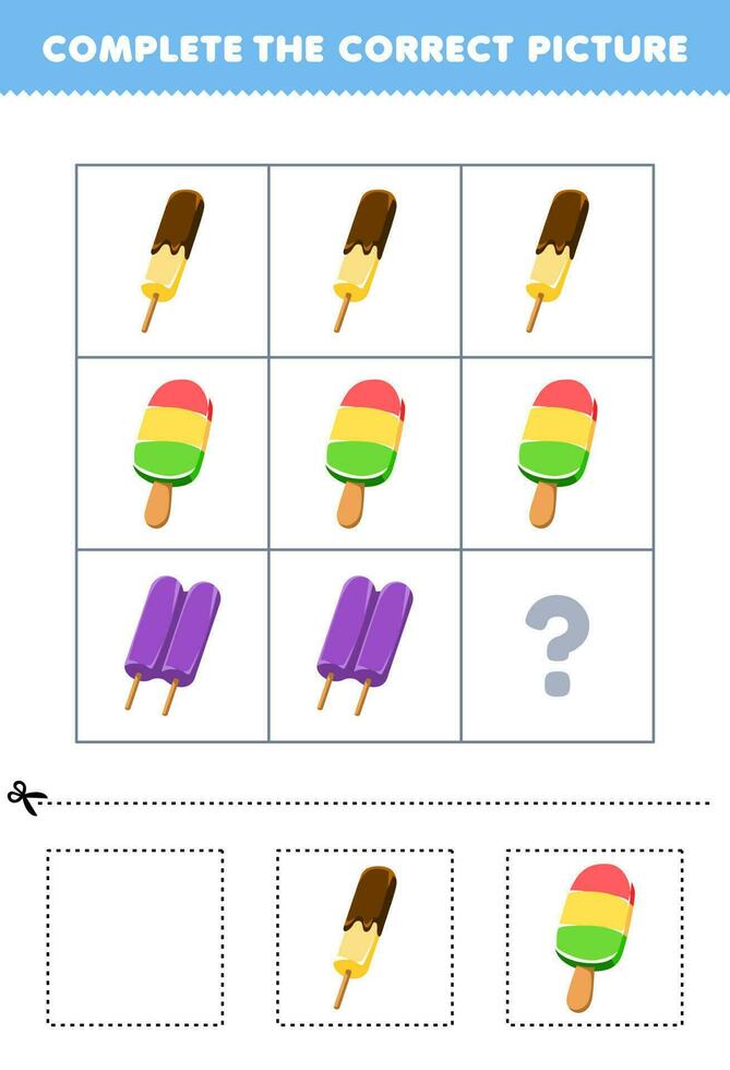 Education game for children to choose and complete the correct picture of a cute cartoon popsicle ice printable food worksheet vector