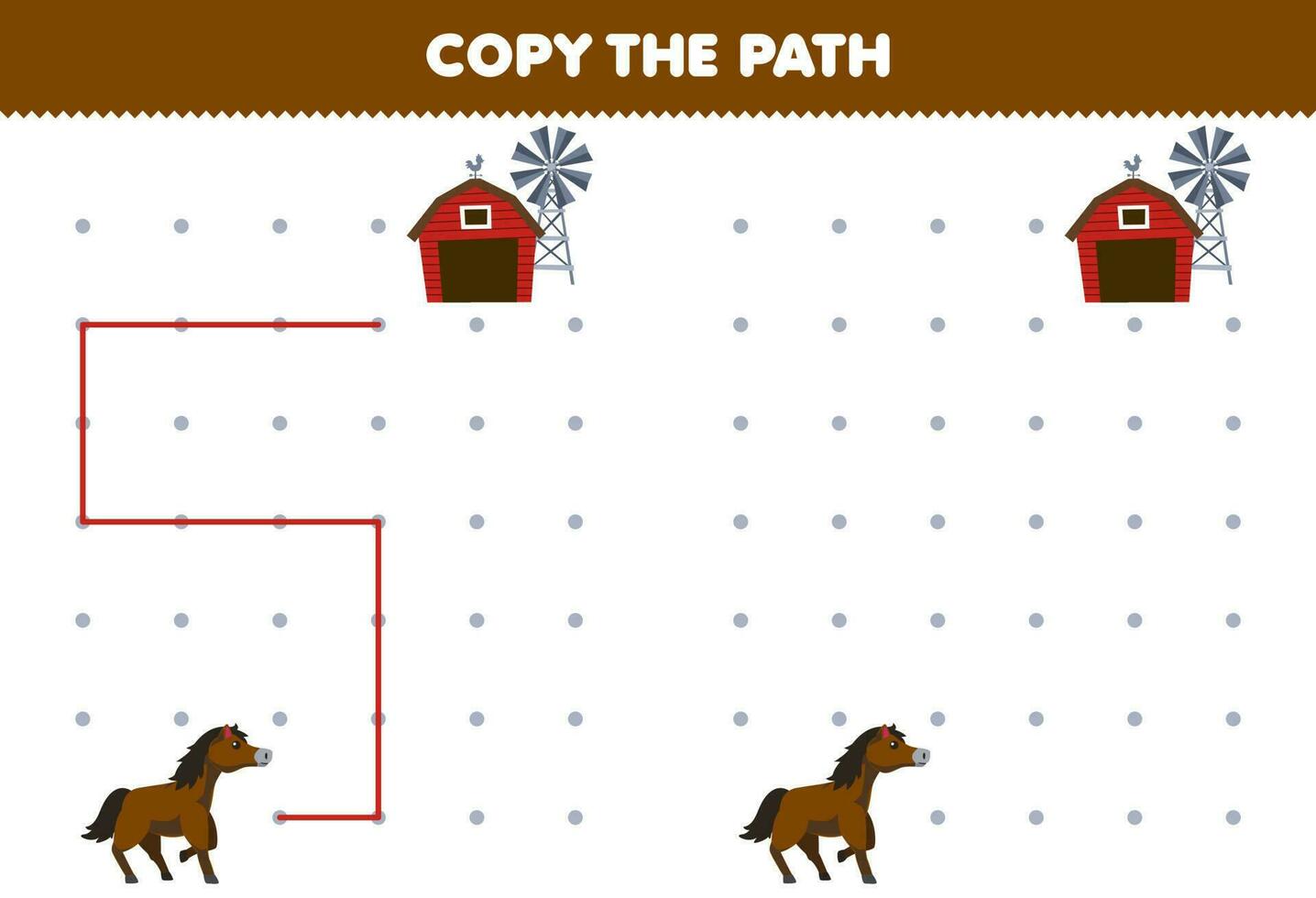 Education game for children copy the path help horse move to the barn and windmill printable farm worksheet vector