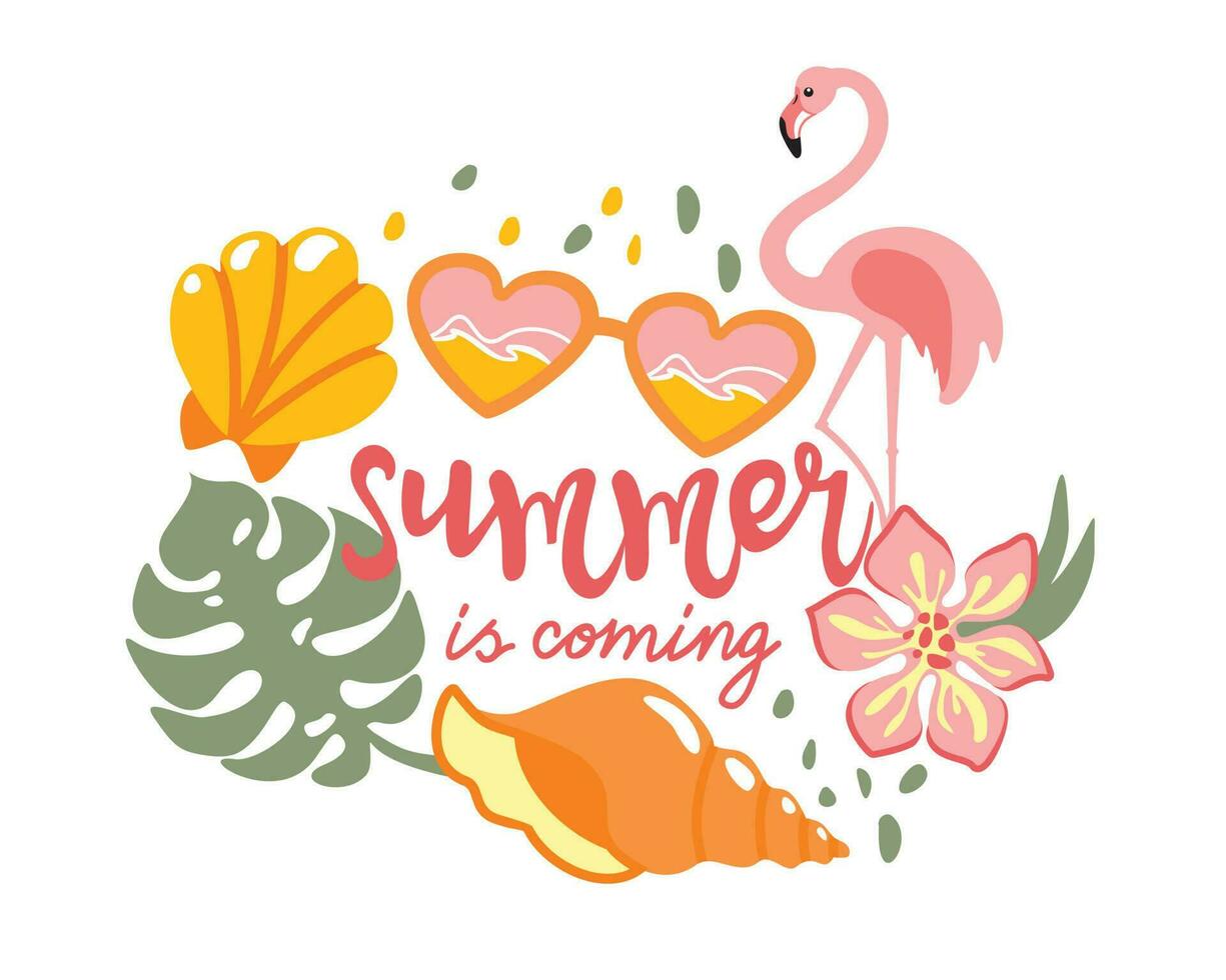 Summer beach, exotic elements, flamingo. Summer print . Vector. vector